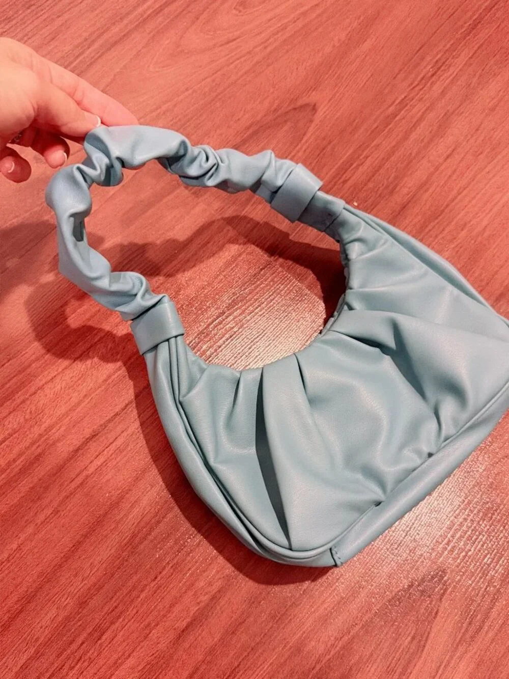 Light Blue Ruched Shoulder Bag Soft Hobo Purse Scrunch Handle